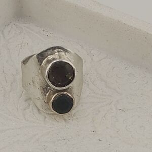 CITRINE & SMOKY QUARTZ DOUBLE GEM RING HANDMADE IN STERLING SILVER Size 9